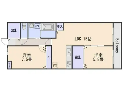 クレスト山本I(2LDK/2階)の間取り写真