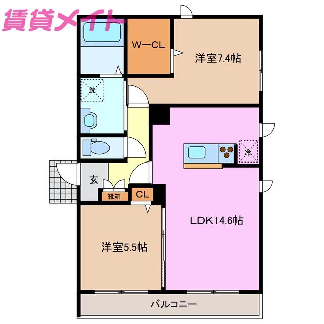 カーザ セレニータB(2LDK/2階)の間取り写真