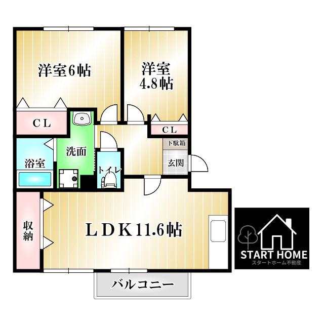 グランディール矢三B(2LDK/1階)の間取り写真
