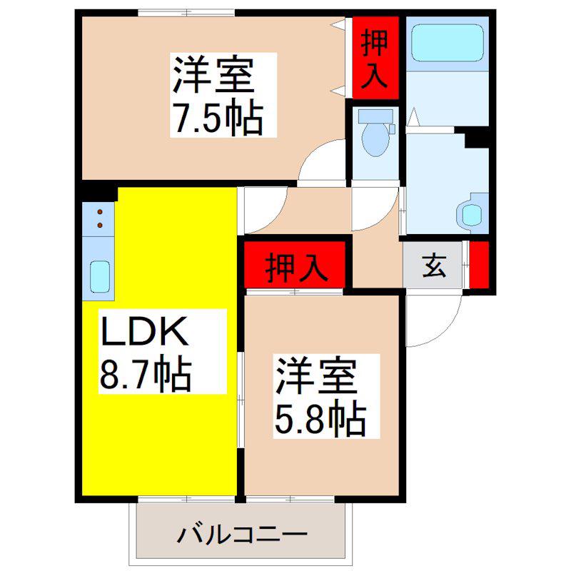 サンガーデン薬師台B(2LDK/2階)の間取り写真