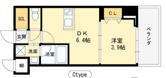 ヴィーナス今里(1DK/9階)の間取り写真