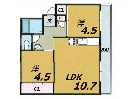 ドミールサニー君影町2号棟(2LDK/2階)の間取り写真