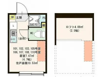 ハーモニーテラス豊島V(ワンルーム/1階)の間取り写真