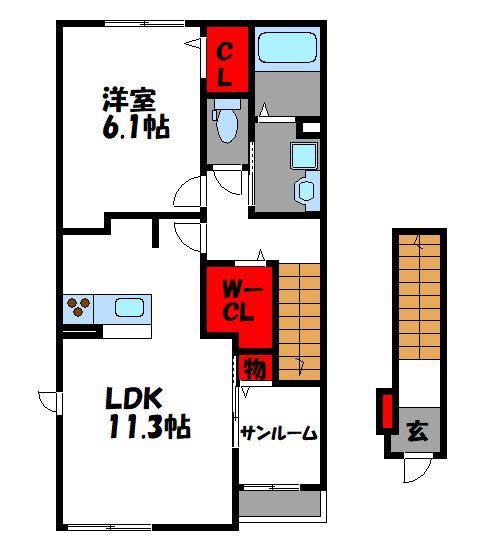 カーサ・フルールA(1LDK/2階)の間取り写真