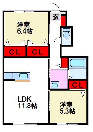 ウイングコート水城II(2LDK/1階)の間取り写真