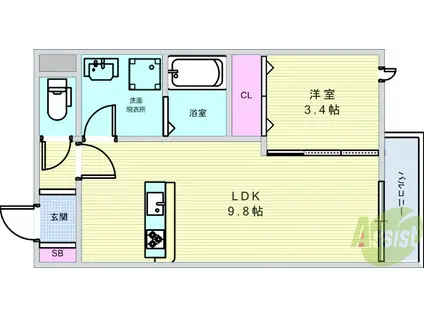 AGR 石橋(1LDK/2階)の間取り写真