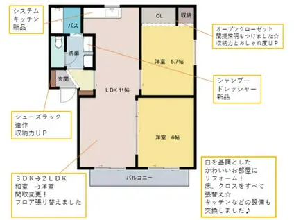 モンパルク楠 A(2LDK/2階)の間取り写真