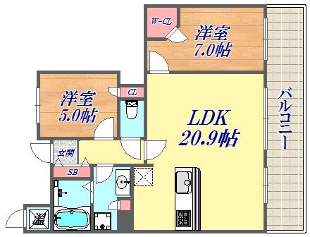 ライオンズタワー神戸旧居留地(2LDK/11階)の間取り写真