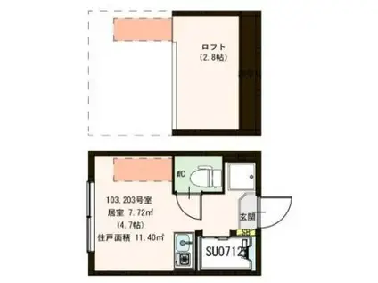 ハーモニーテラス日ノ出町(ワンルーム/1階)の間取り写真