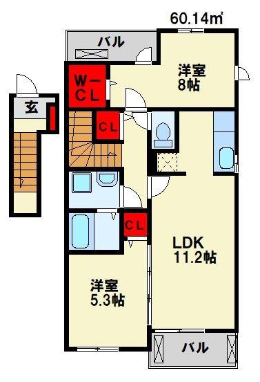 ウェイホームやまのくちB(2LDK/2階)の間取り写真