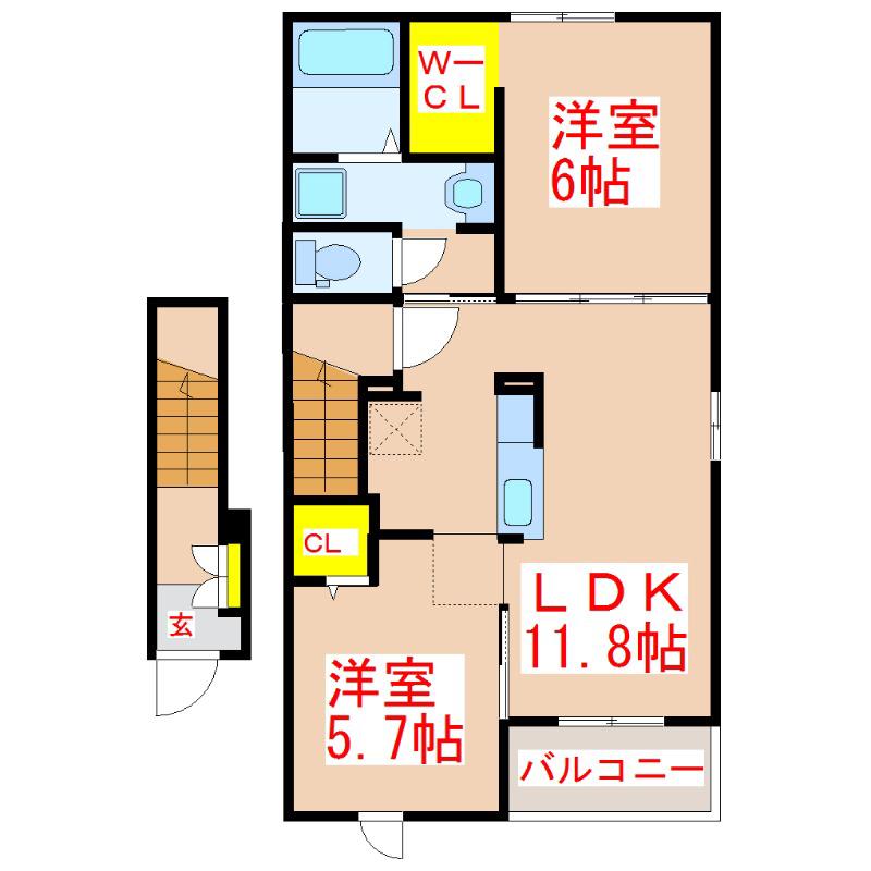 アルドール アサヒ I(2LDK/2階)の間取り写真