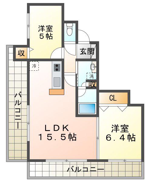グルーブ朝霧グランアリーナ(2LDK/5階)の間取り写真