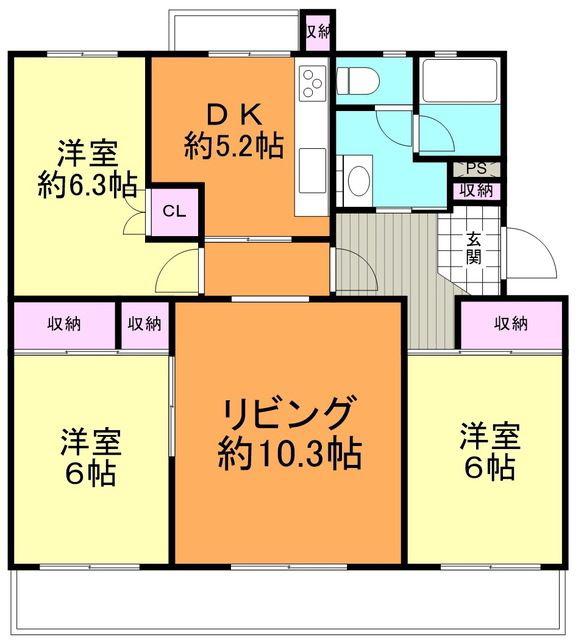 厚木毛利台ハイツ七号棟(3LDK/4階)の間取り写真