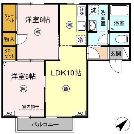 ラルカンシェルB棟(2LDK/1階)の間取り写真