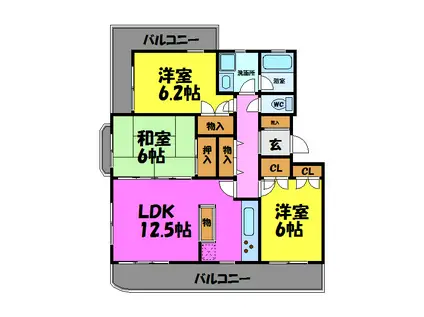 夙川パークハイツ(3LDK/2階)の間取り写真