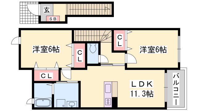エーデル緑ヶ丘 D棟(2LDK/2階)の間取り写真