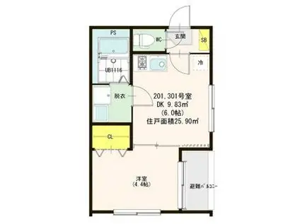 ハーーモニーテラス松葉町V(1DK/2階)の間取り写真