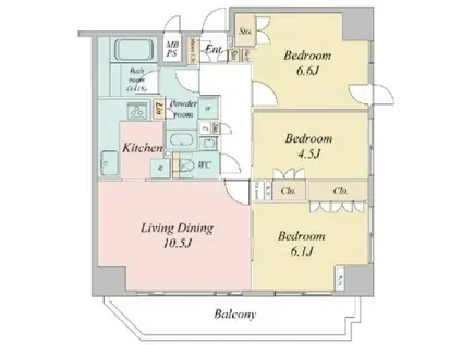 ドゥーエ日本橋(3LDK/6階)の間取り写真