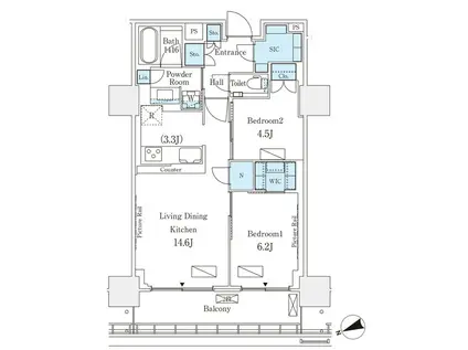 ロイヤルパークス品川(2LDK/18階)の間取り写真