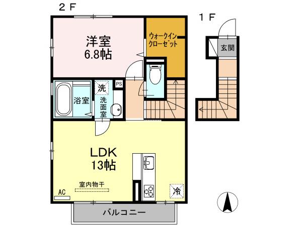 ヴィレッタ B棟(1LDK/2階)の間取り写真