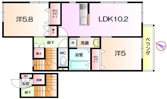 ヘーベル向ヶ丘(2LDK/2階)の間取り写真