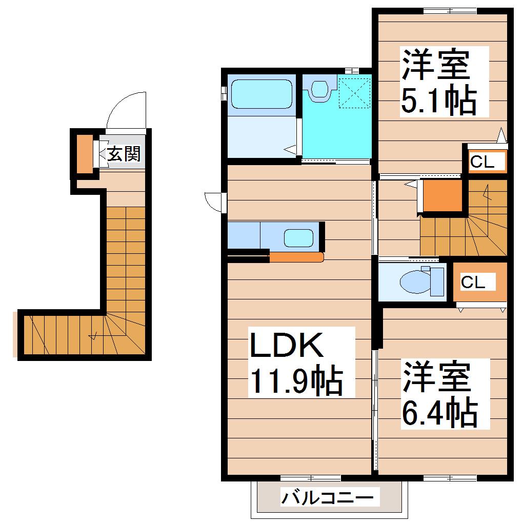 シャーメゾン新田II(2LDK/2階)の間取り写真