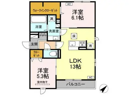 プレミア西条中央A棟(2LDK/1階)の間取り写真