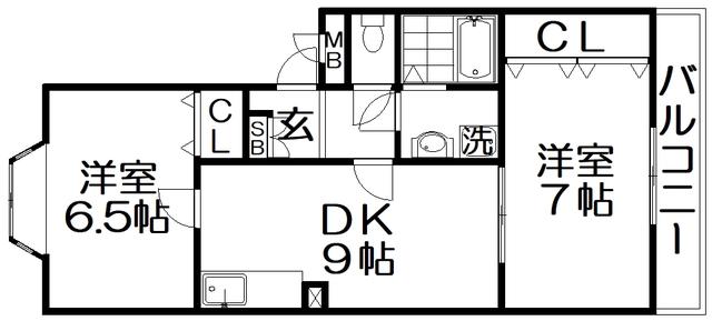 グランプエンテセルカ西町(2DK/1階)の間取り写真