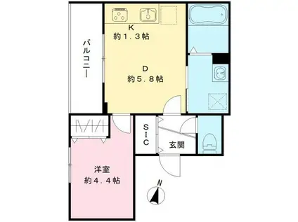 YSルミエール(1DK/2階)の間取り写真