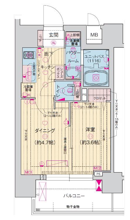 ソルテラス阿波座ウィズ(1DK/12階)の間取り写真