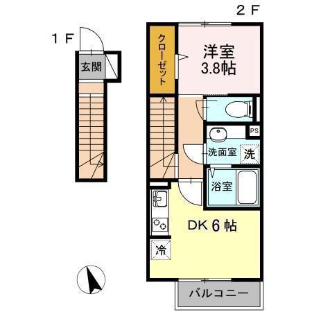 セジュール有(1DK/2階)の間取り写真