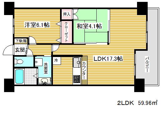 レジディア三宮東(2LDK/15階)の間取り写真