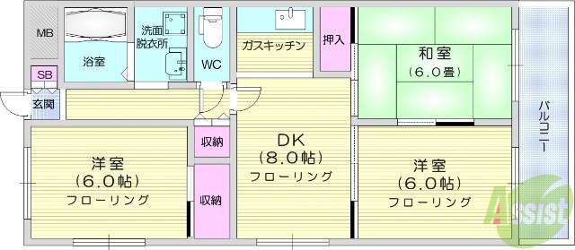 ＪＲ東北本線 東仙台駅 徒歩12分 6階建 築33年(3DK/2階)の間取り写真