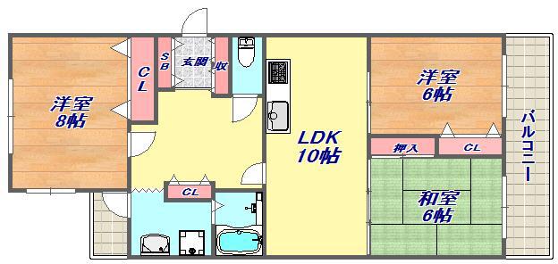 ハイツ仏天垣(3LDK/2階)の間取り写真