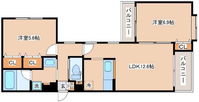 アランチャ花隈(2LDK/5階)の間取り写真
