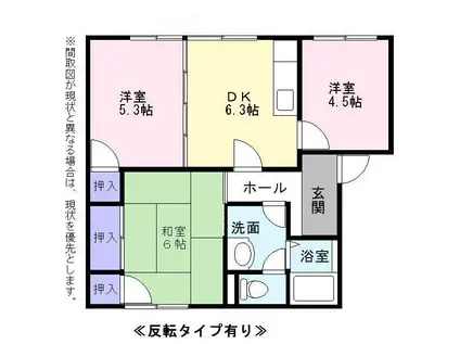 オークハイツ F棟(3DK/1階)の間取り写真