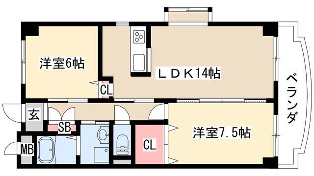 ハピネ音聞山(2LDK/2階)の間取り写真