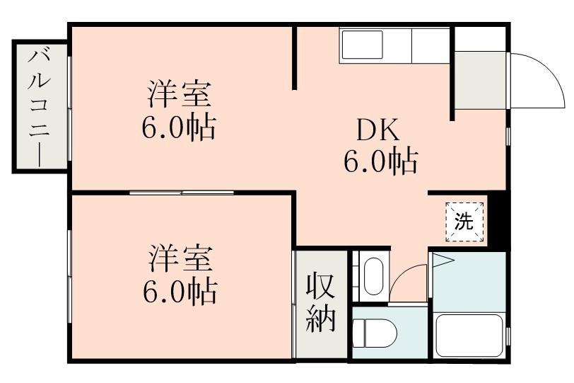 ウエストヒルズ西紫原C棟(2DK/2階)の間取り写真