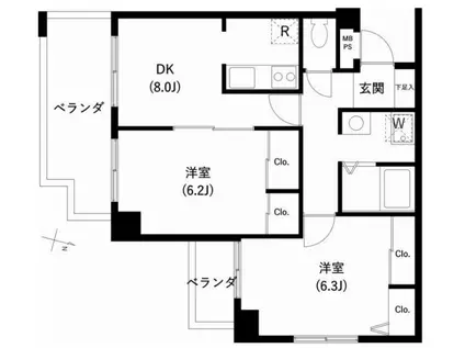 サンセゾンI(2DK/2階)の間取り写真