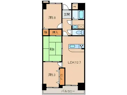 ＪＲ阪和線 紀伊駅 徒歩45分 10階建 築35年(3LDK/9階)の間取り写真