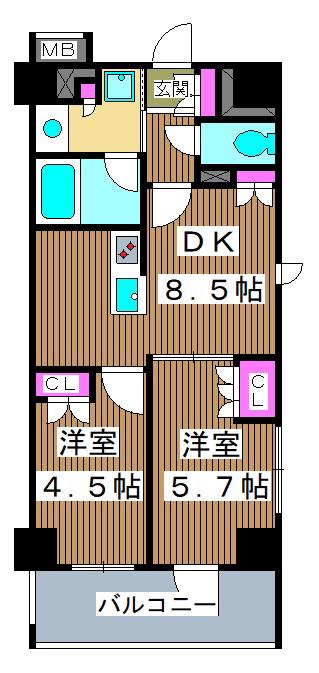デュオステージ大山(2DK/9階)の間取り写真