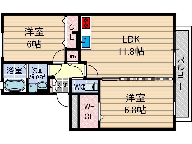 オークス玉瀬2(2LDK/3階)の間取り写真