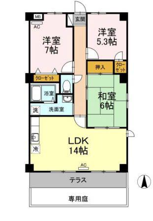 フィネス幸田B(3LDK/1階)の間取り写真