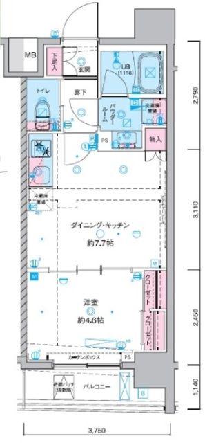 GENOVIA 東神田 GREEN VEIL(1DK/3階)の間取り写真