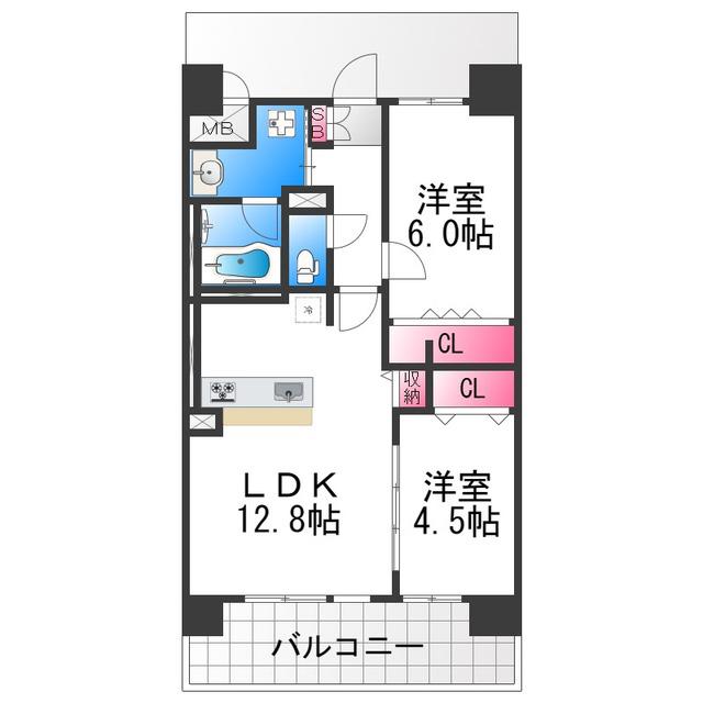 フェリスシエロ堺(2LDK/9階)の間取り写真