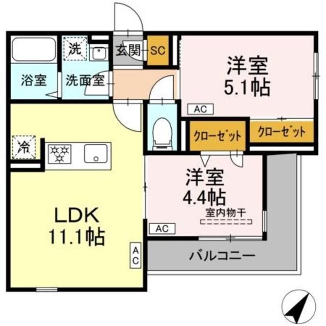 セレスティア細田B(2LDK/2階)の間取り写真
