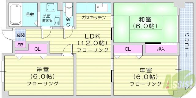 吉田宮町ビル(3LDK/2階)の間取り写真