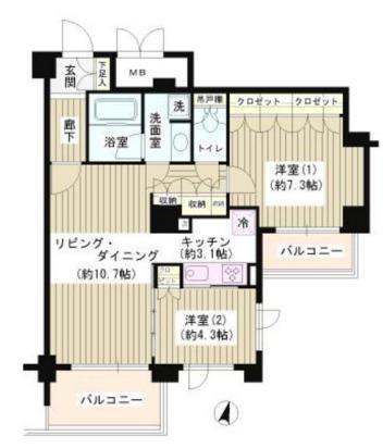 アゼリアテラス新宿(2LDK/6階)の間取り写真