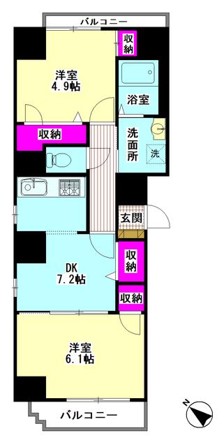 プラムサイドフレグラントハウス(2DK/7階)の間取り写真