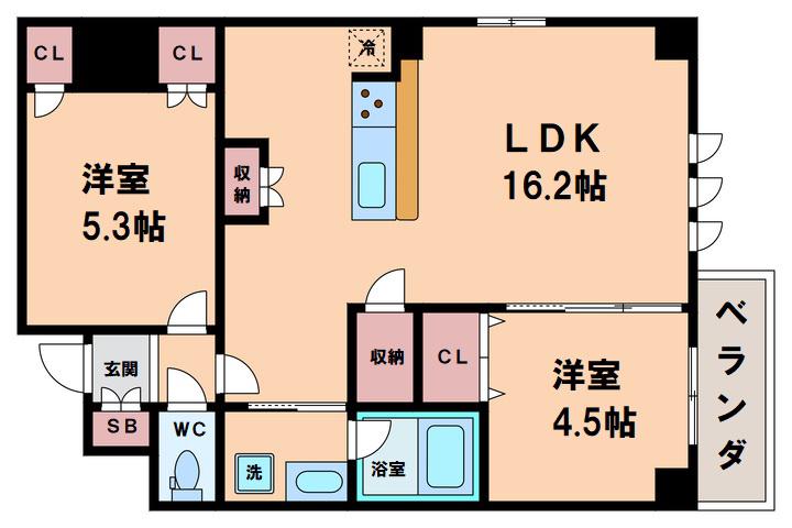 スプランディッド上本町ウエスト(2LDK/3階)の間取り写真